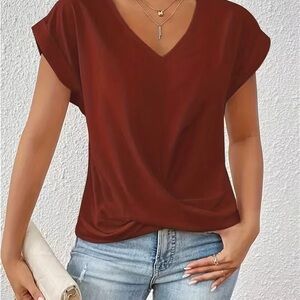 Elegant V-Neck Short Sleeve Top in Deep Brown